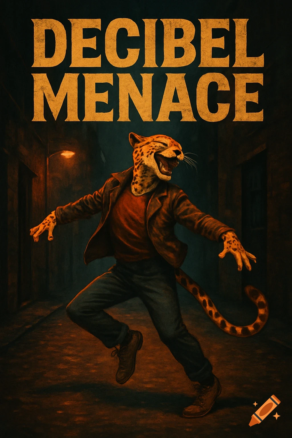 Album cover art of a cheetah in human clothes dancing in a dark alley under the text 'DECIBEL MENACE'
