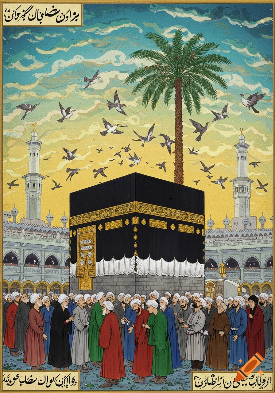 Illustration of people gathered around the Kaaba with a palm tree and birds flying overhead, in a miniature painting style.