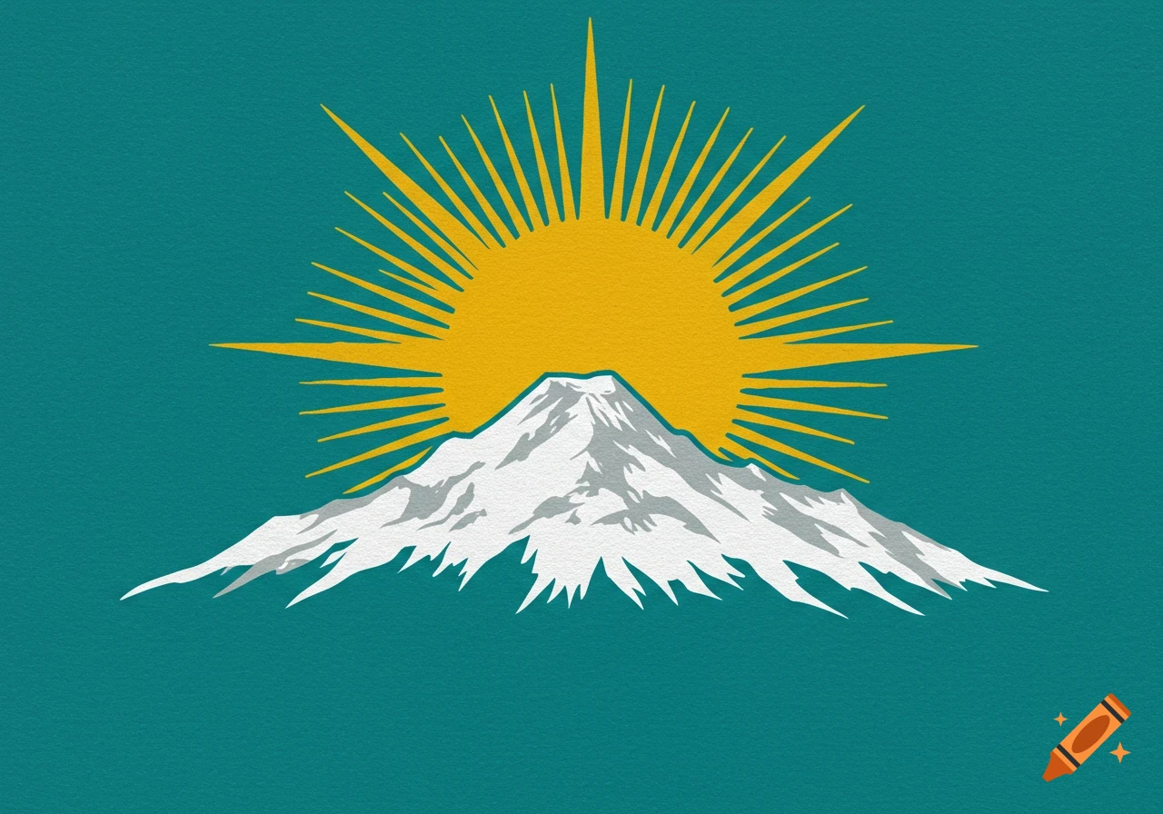 A golden sun rises over a white mountain peak on a teal background.
