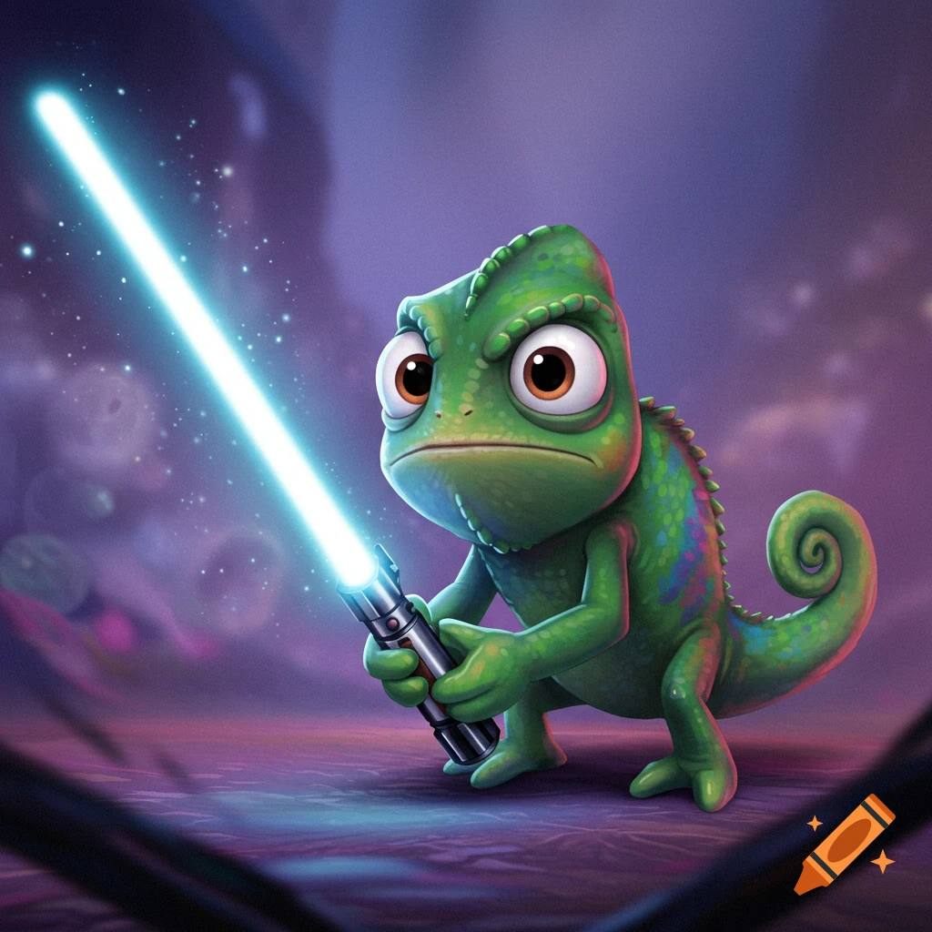 A cute cartoon green chameleon holds a glowing blue lightsaber.