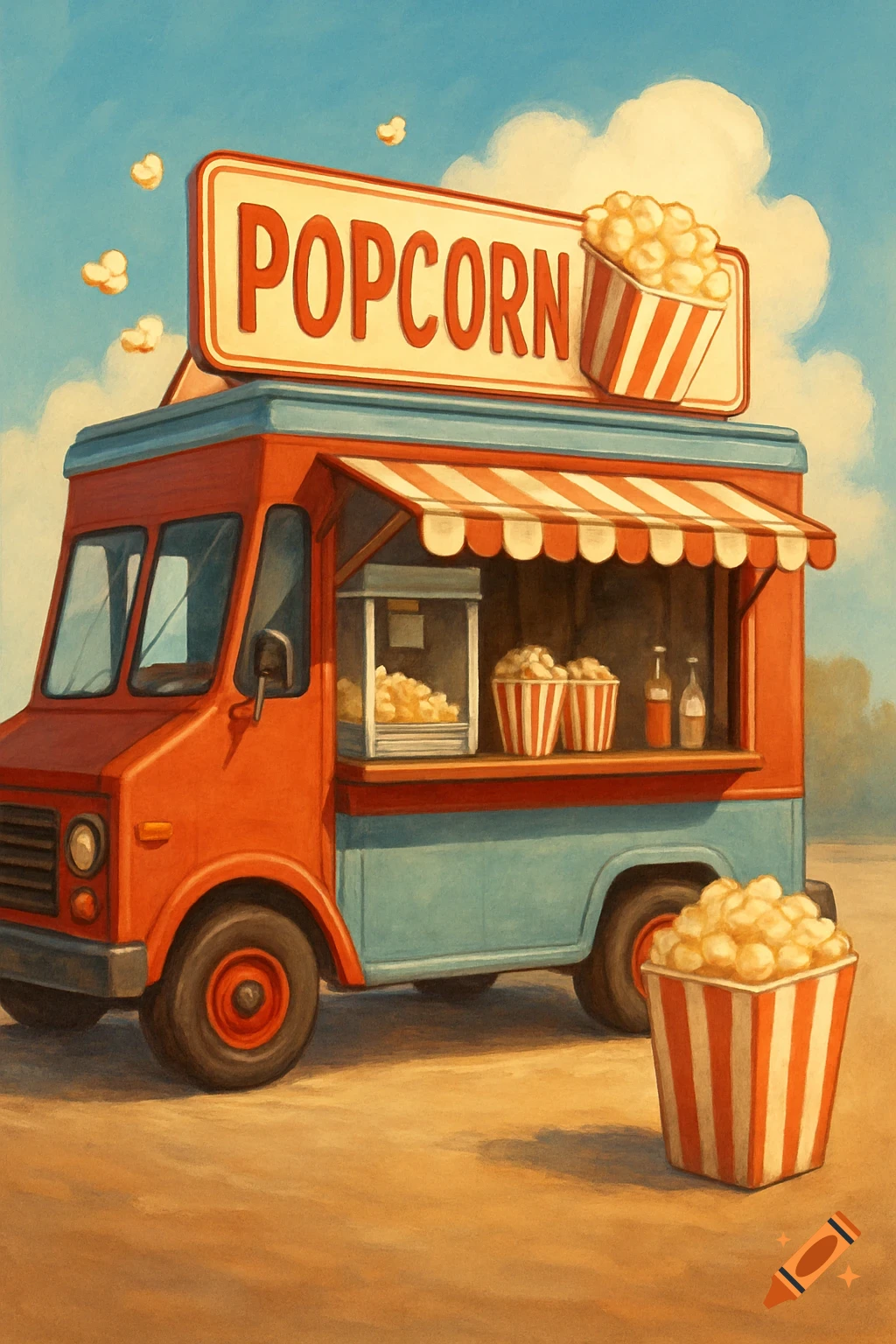 Painterly illustration of a red and blue food truck selling popcorn.