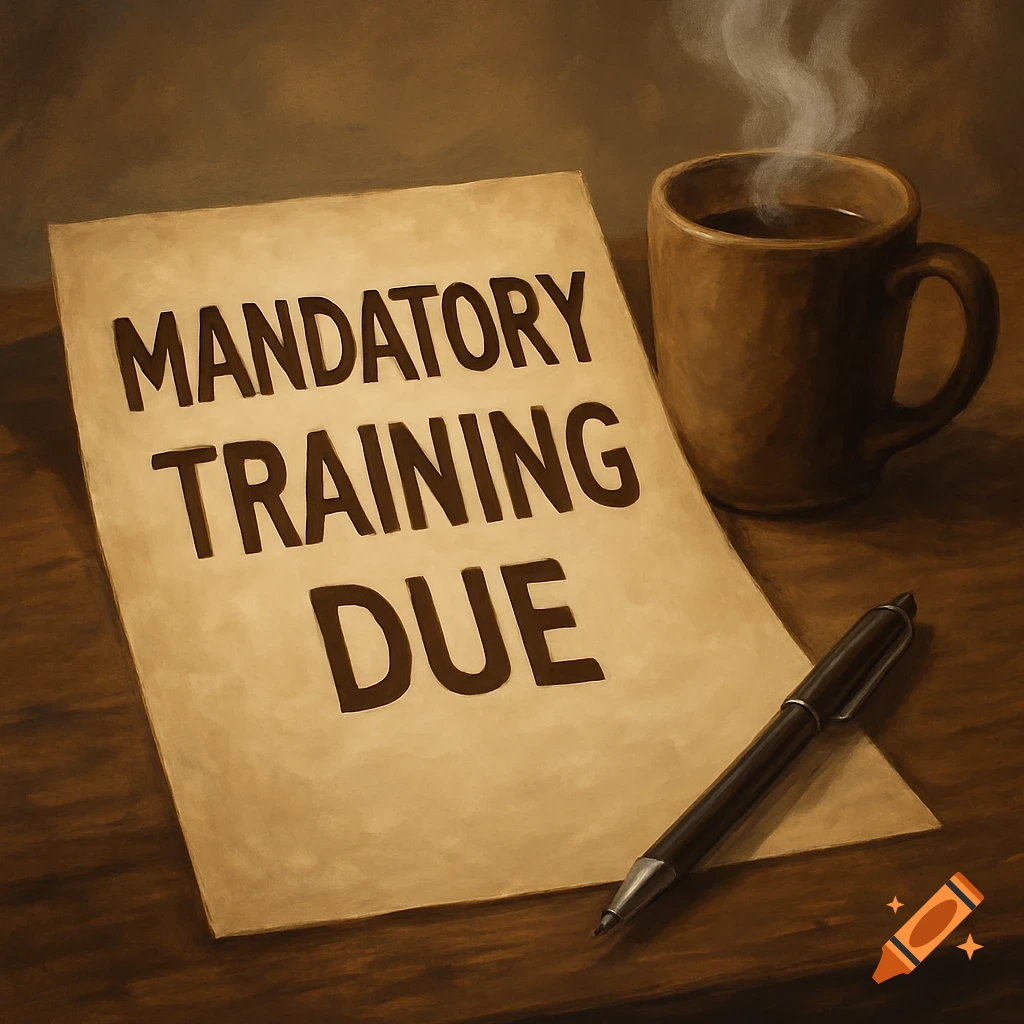A painterly still life shows a notice reading 'Mandatory Training Due' next to a pen and a steaming coffee mug on a table.