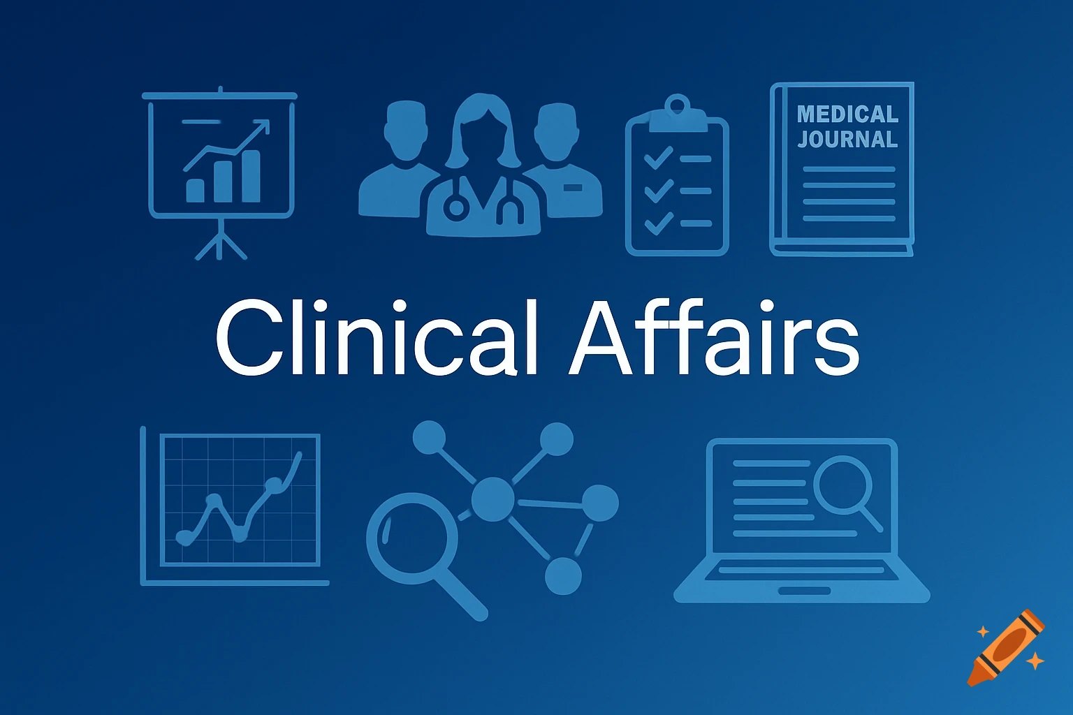 Illustration with medical and research icons and the text Clinical Affairs on a blue background.