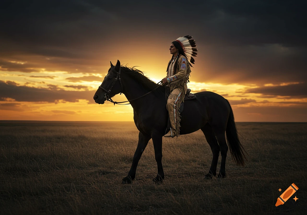 Photorealistic image of a Native American man on horseback during a sunset over a field.