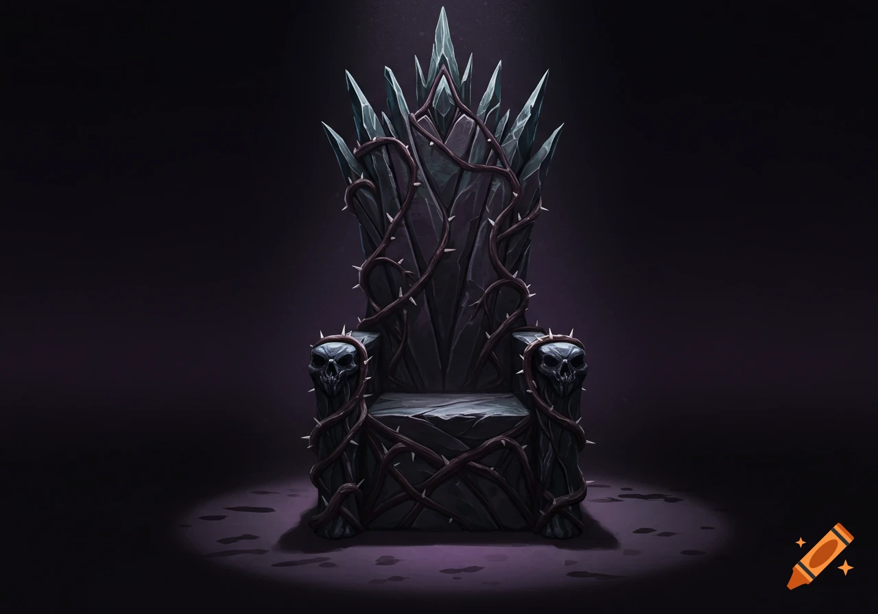 A dark, spiky fantasy throne with skull armrests under a spotlight.