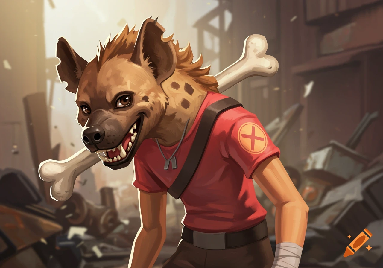A stylized illustration of an anthropomorphic hyena wearing a red Team Fortress 2 Scout shirt and carrying a bone.