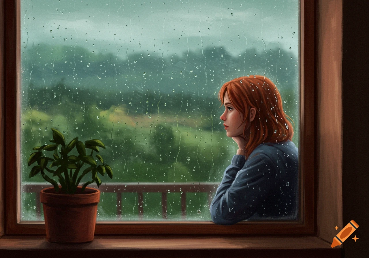 A digital painting of a girl looking out a window with raindrops on it, with a potted plant on the sill.