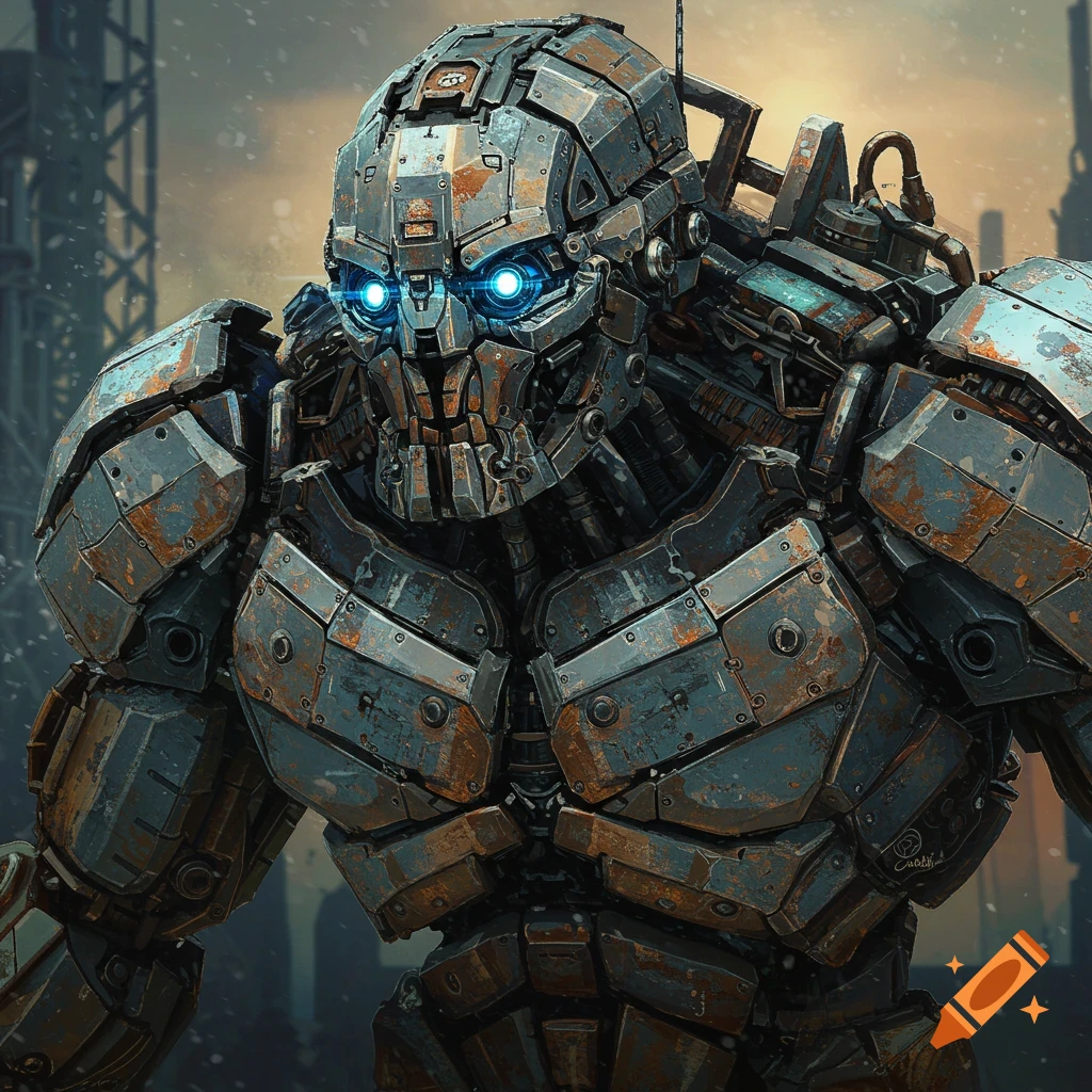 A close-up of a large, imposing robot made of rusted metal plates with glowing blue eyes, in an industrial setting.
