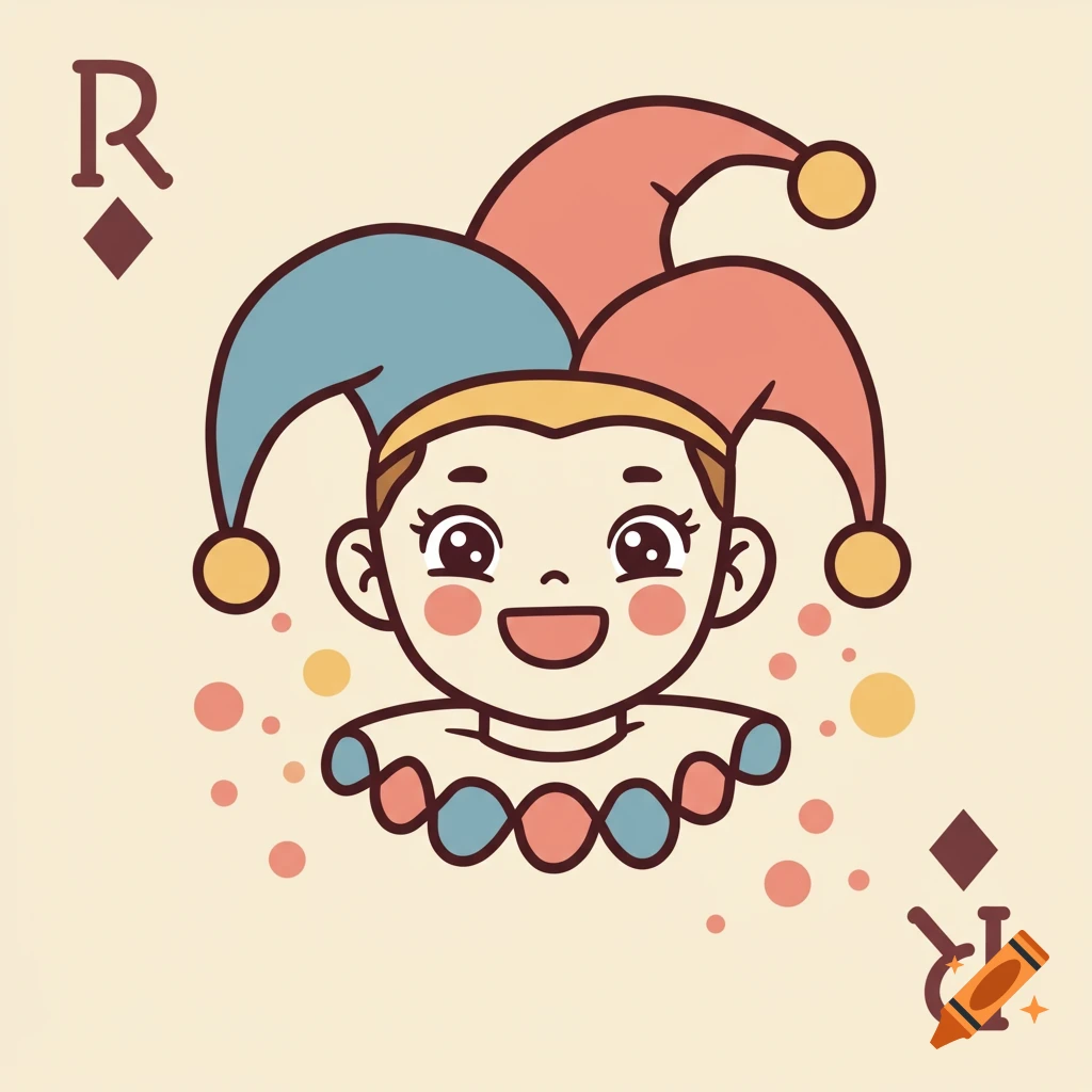 Stylized illustration of a cute jester head with an R and diamond suit on a playing card background.