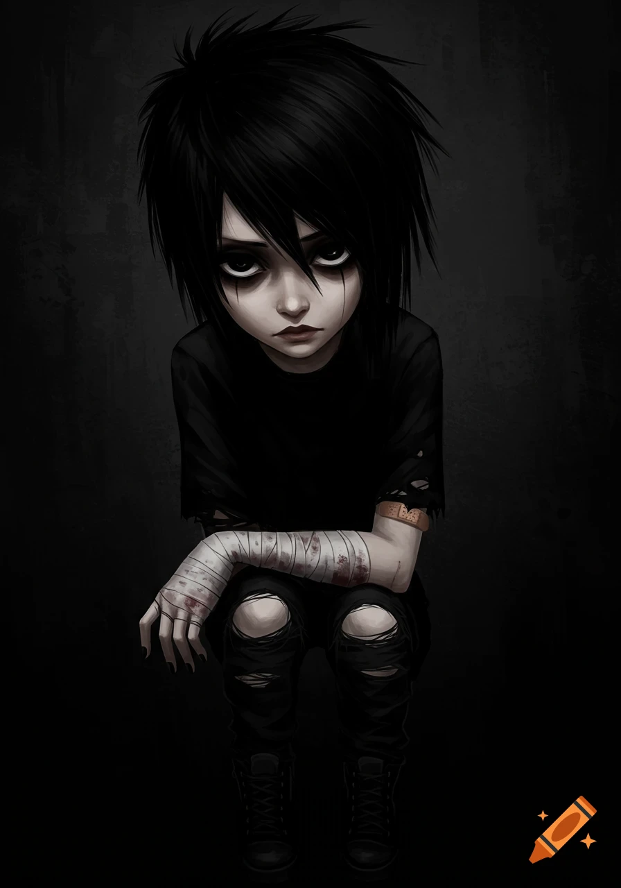 An illustration of an emo figure with dark makeup, ripped clothes, and bandages on their arms, sitting in shadow.