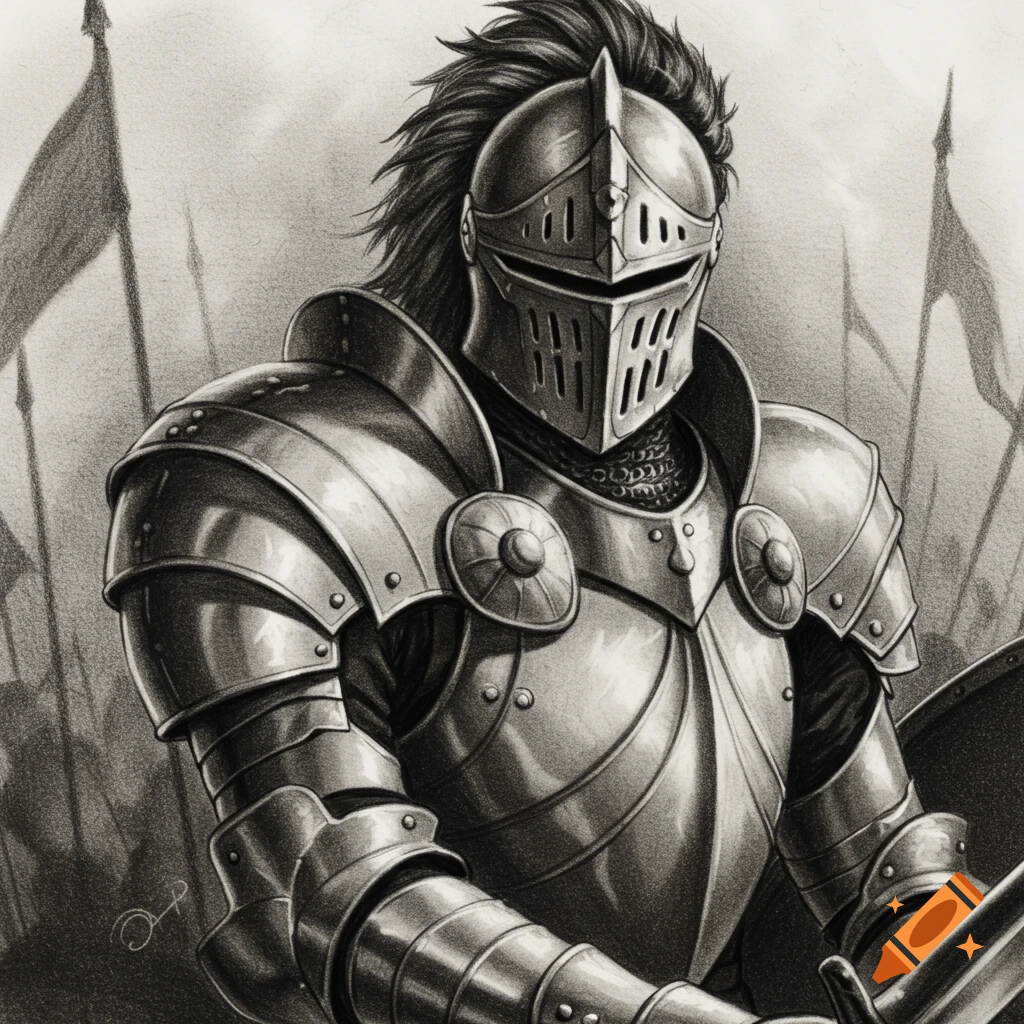 Charcoal sketch of a knight in full armor with spiky hair and a battle scene background.