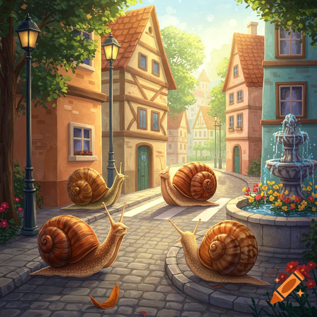 Stylized painting of four large snails on a street crossing in a sunny village square with a fountain.