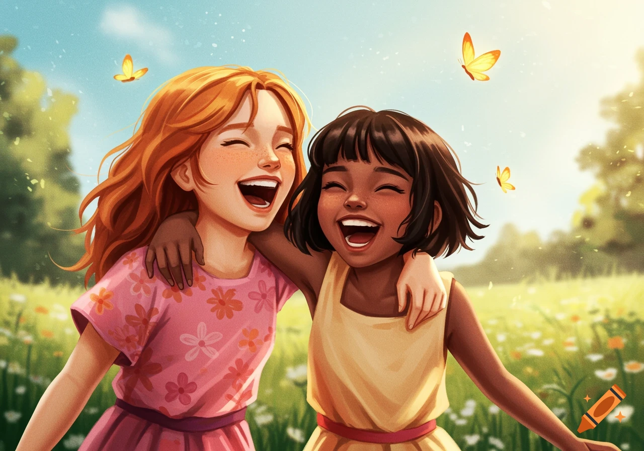 Two young girls laughing and hugging in a sunny field with flowers and butterflies, illustration style.