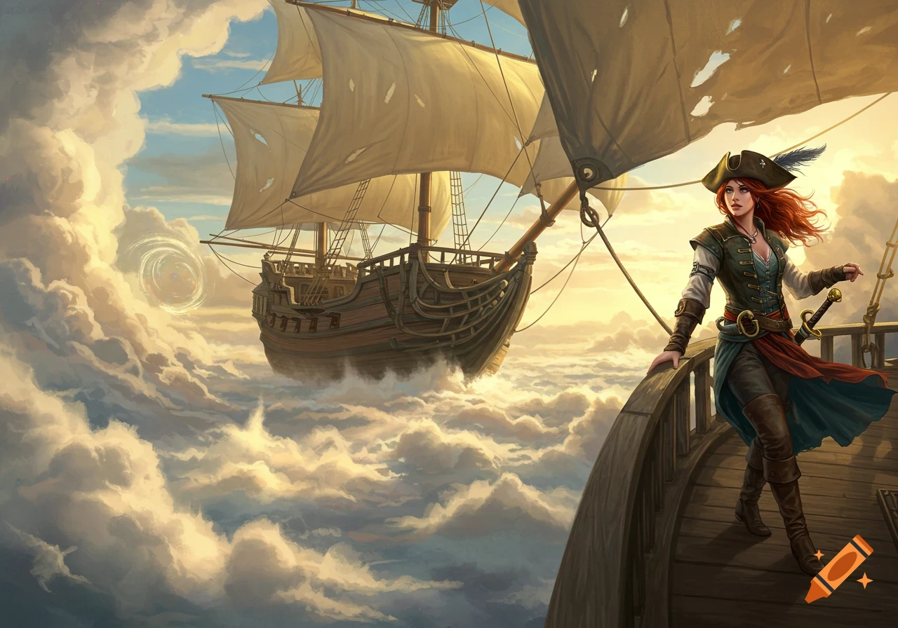 A pirate woman stands on a flying ship among clouds
