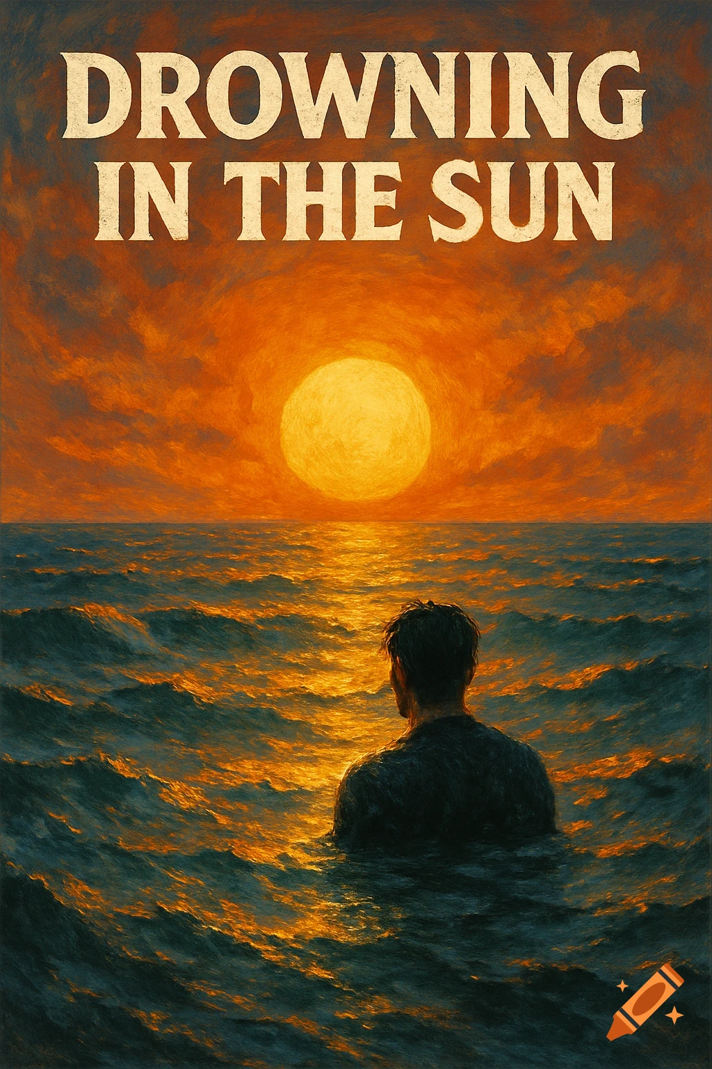 Album cover with text 'DROWNING IN THE SUN' over a man in water at sunset in a painterly style.