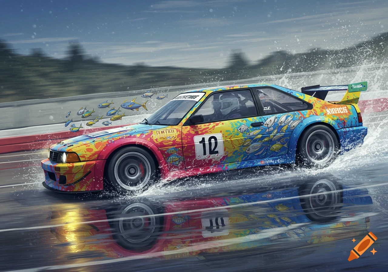 Colorful racing car with fish design splashes water while cornering on a wet track, with detailed reflection.