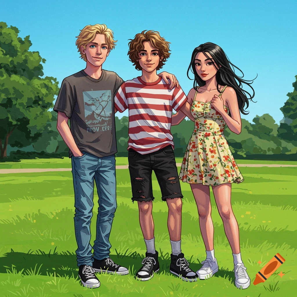 Stylized illustration of two boys and a girl standing together in a park.
