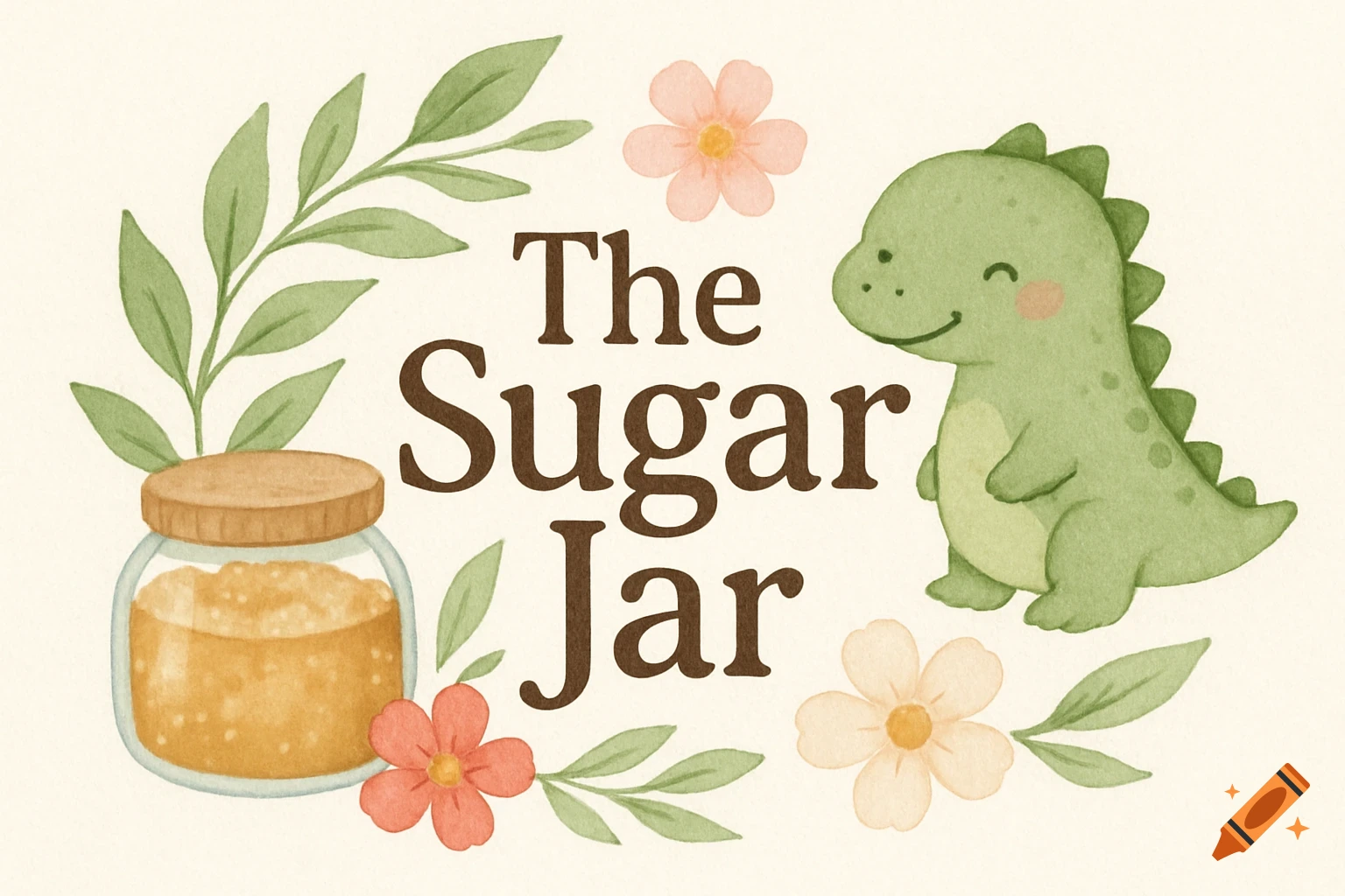 Watercolor illustration with a cute green dinosaur, sugar jar, and floral elements framing 'The Sugar Jar'.