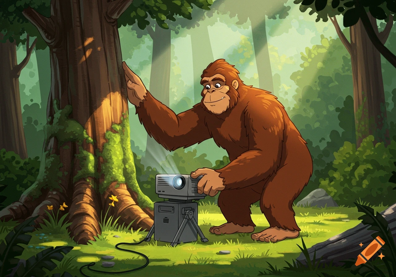 Cartoon Bigfoot setting up a video projector in a forest clearing.