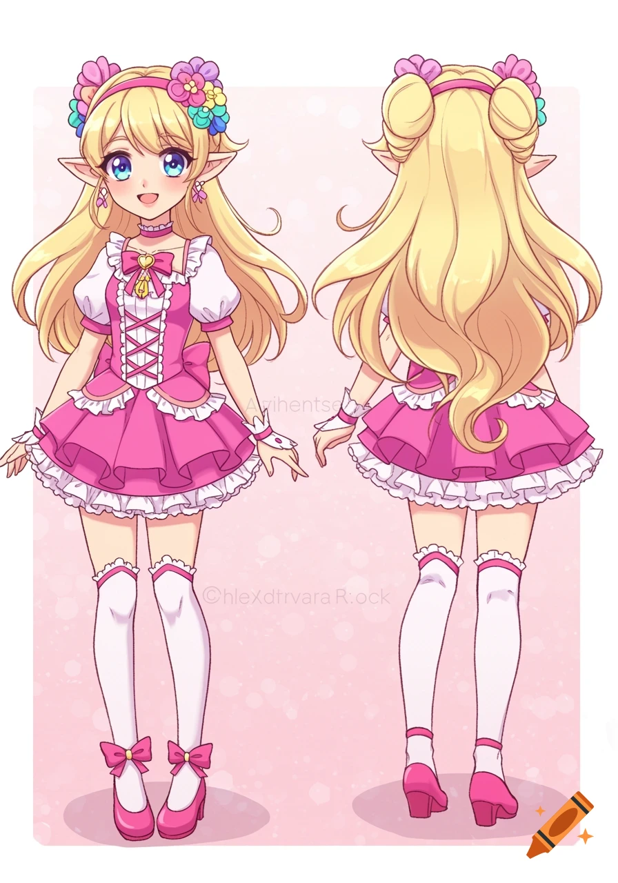 Anime style character sheet showing front and back views of a girl with long blonde hair and elf ears, wearing a pink and white frilly dress.