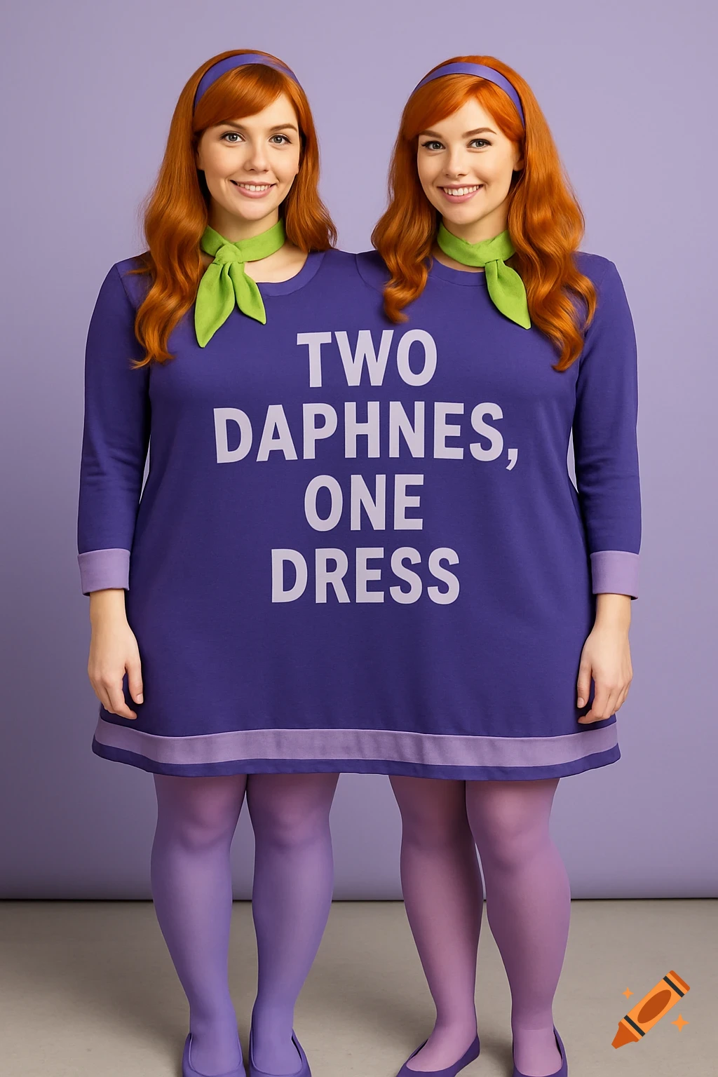 Two women in a large shared purple dress with "Two Daphnes, one dress" text, dressed as Daphne from Scooby Doo.