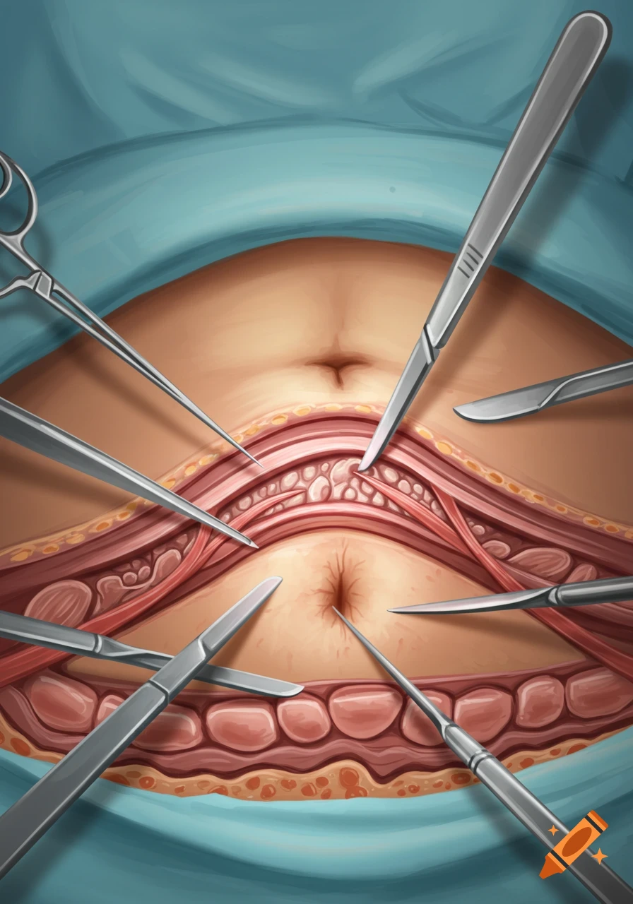 Illustration of a surgical incision on an abdomen with scalpels and forceps