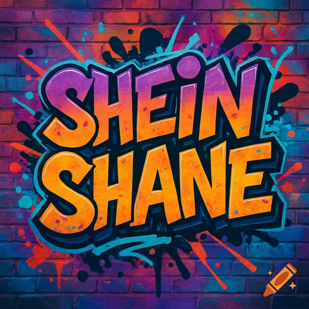 Graffiti art of the words SHEiN SHANE in orange and purple spray paint on a brick wall.
