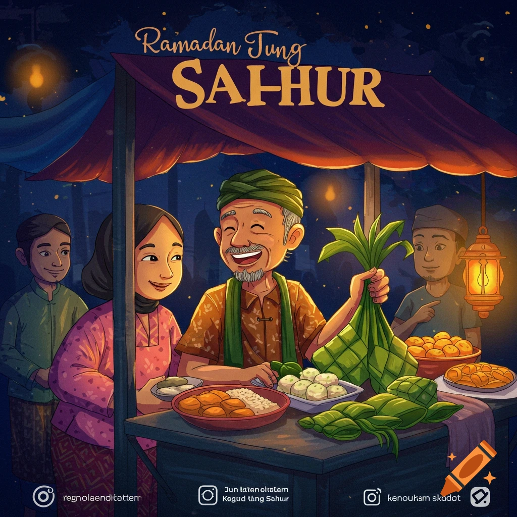 Illustration of people at a Sahur market stall with food and a banner.