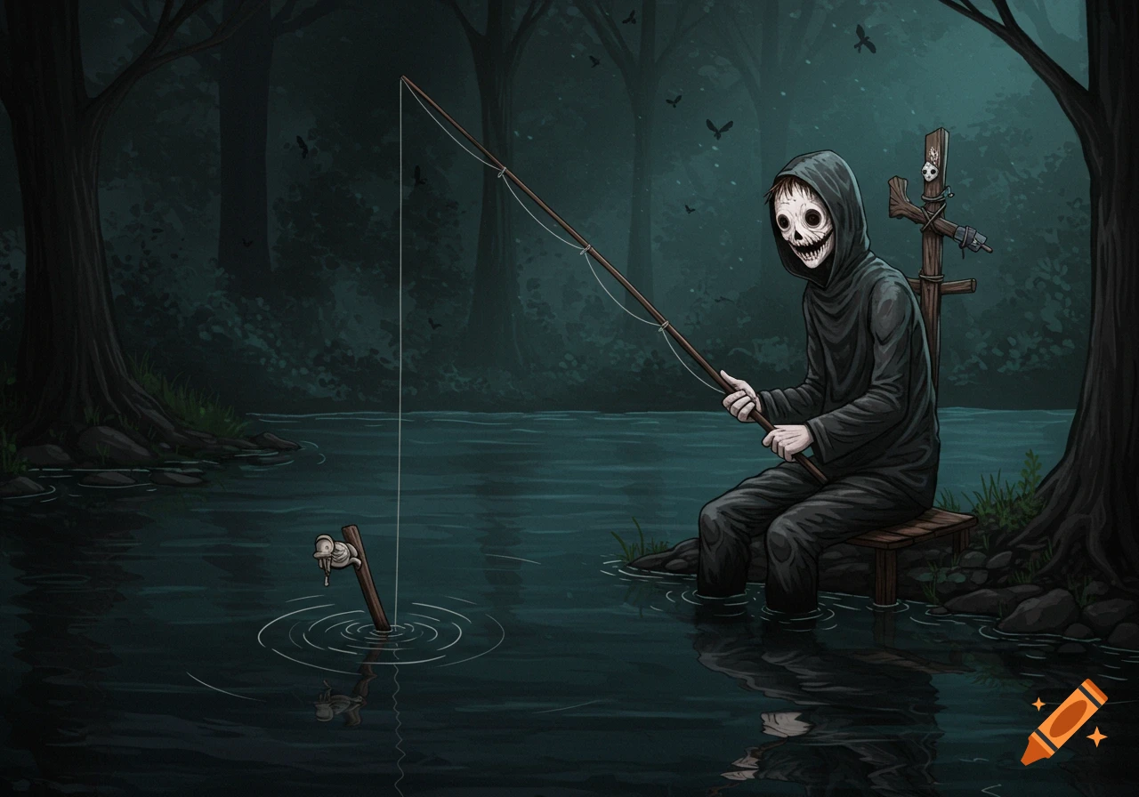 Creepy character with skull face fishing in a dark forest lake
