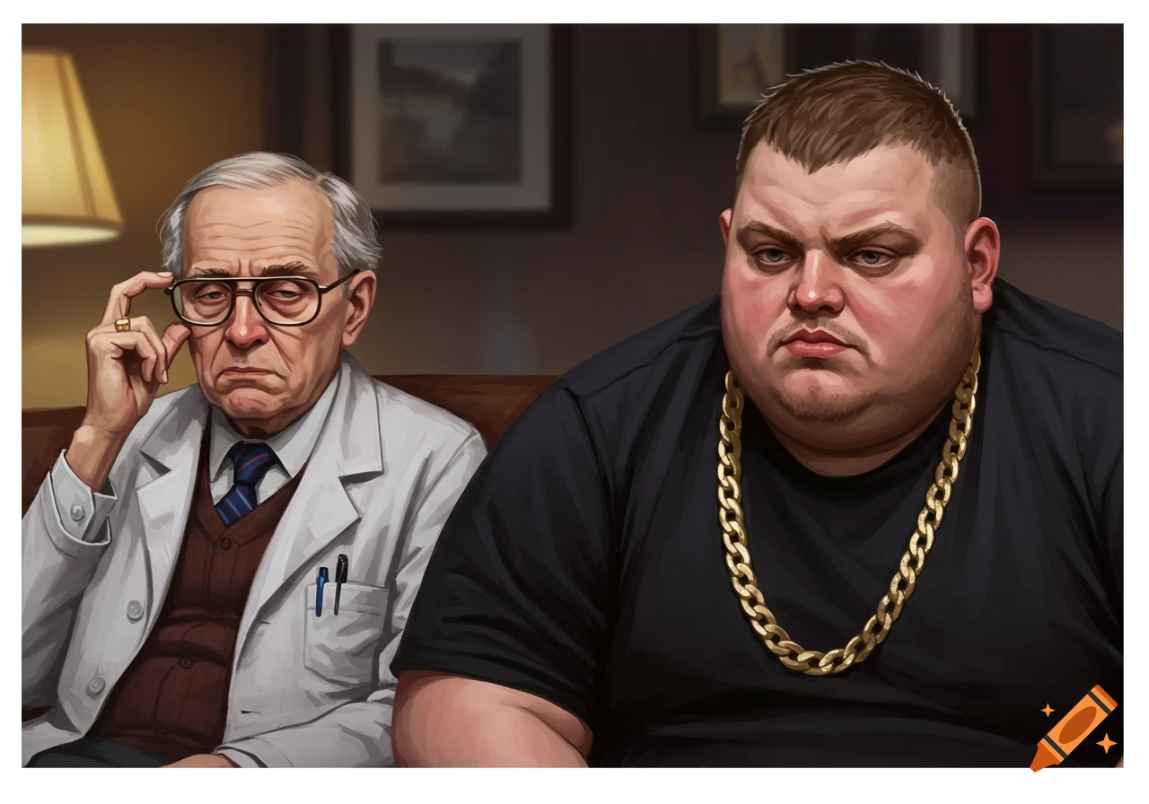 Illustration of an older man in a lab coat and glasses sitting next to a heavy-set younger man with a gold chain.