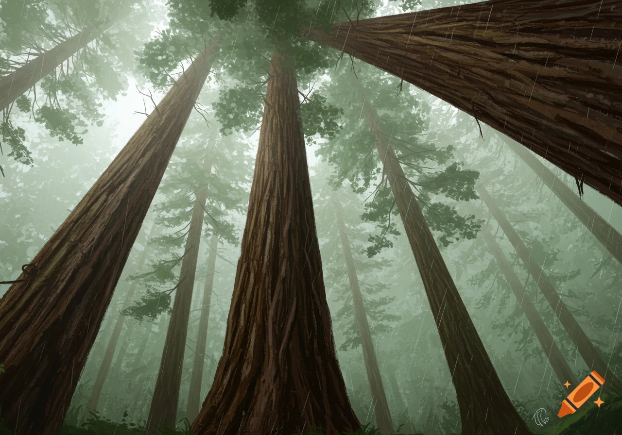 Low angle view looking up at towering redwood trees in a foggy forest illustration with rain.