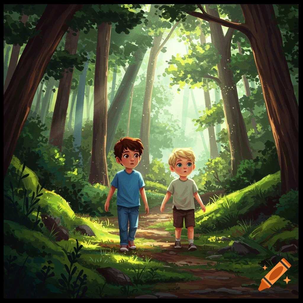 Two young boys walk on a path through a sun-dappled forest in an illustrated style.