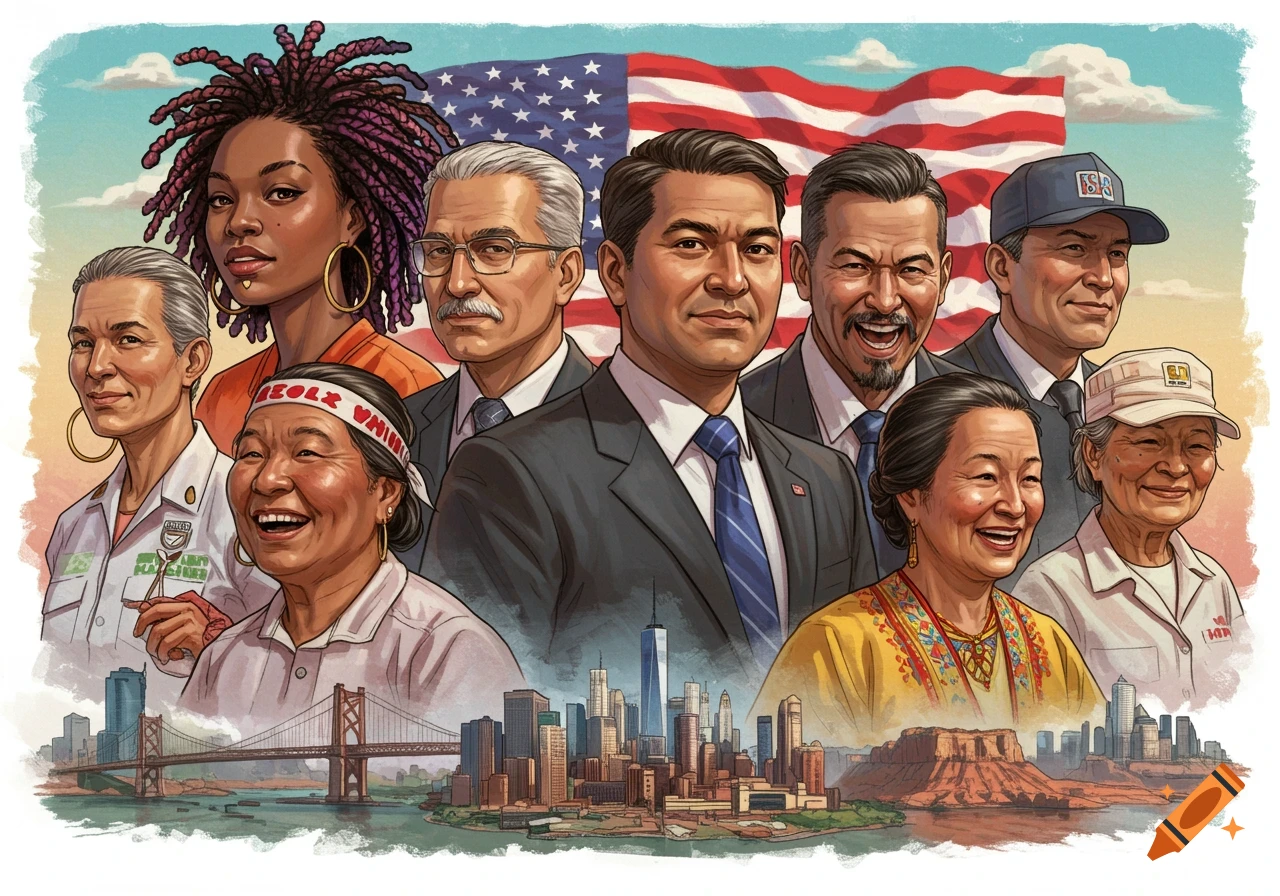 Illustration of a diverse group of people smiling in front of an American flag with cityscapes below