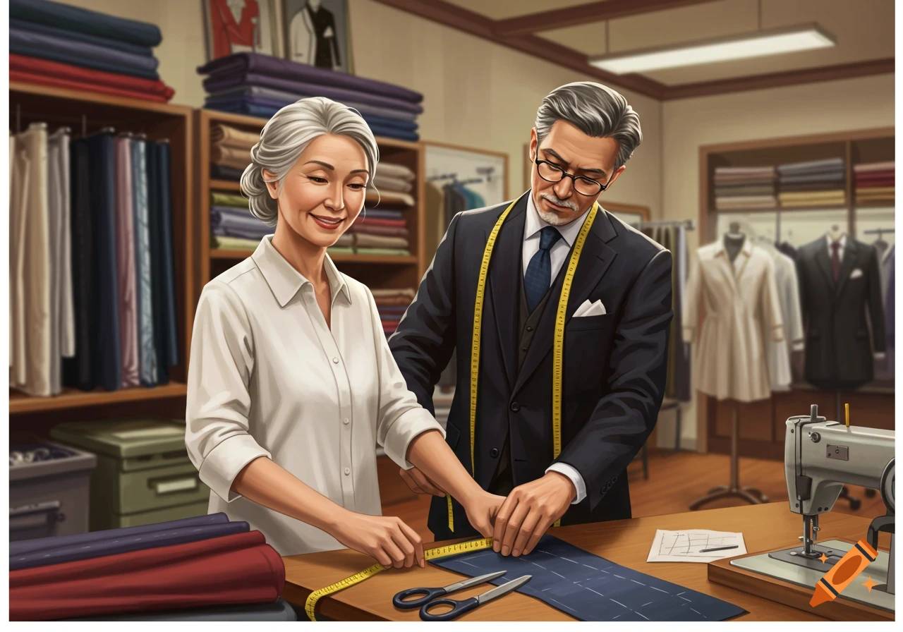 Older man measuring fabric with an older woman assisting in a tailor shop. Illustrative style.