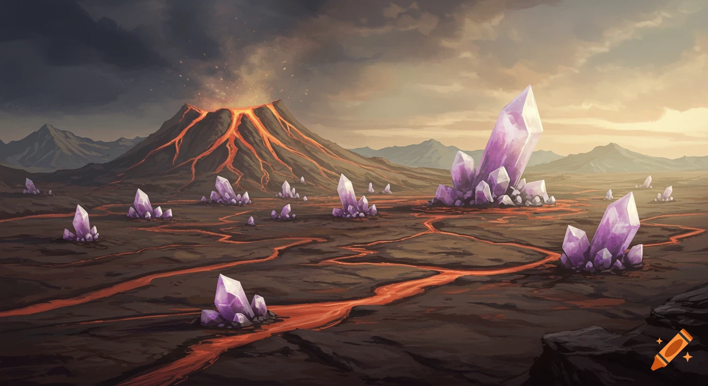 A fantasy landscape with a volcano, lava flows, and large purple crystals under a stormy sky.