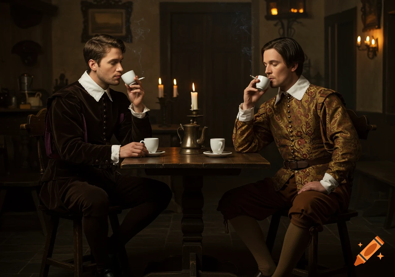 Two men in Renaissance clothes smoke and drink coffee at a table in a dimly lit room, renaissance style photo.