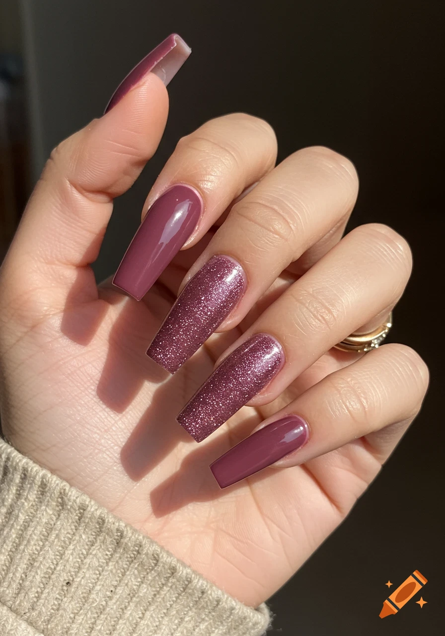 Close-up of a hand with long coffin-shaped pink and glitter nails