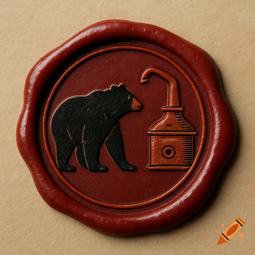 Wax seal with a black bear and a copper still embossed