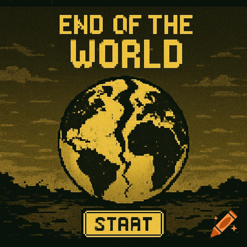 Pixel art game menu with 'END OF THE WORLD' text, cracked globe, and 'STAAT' button.