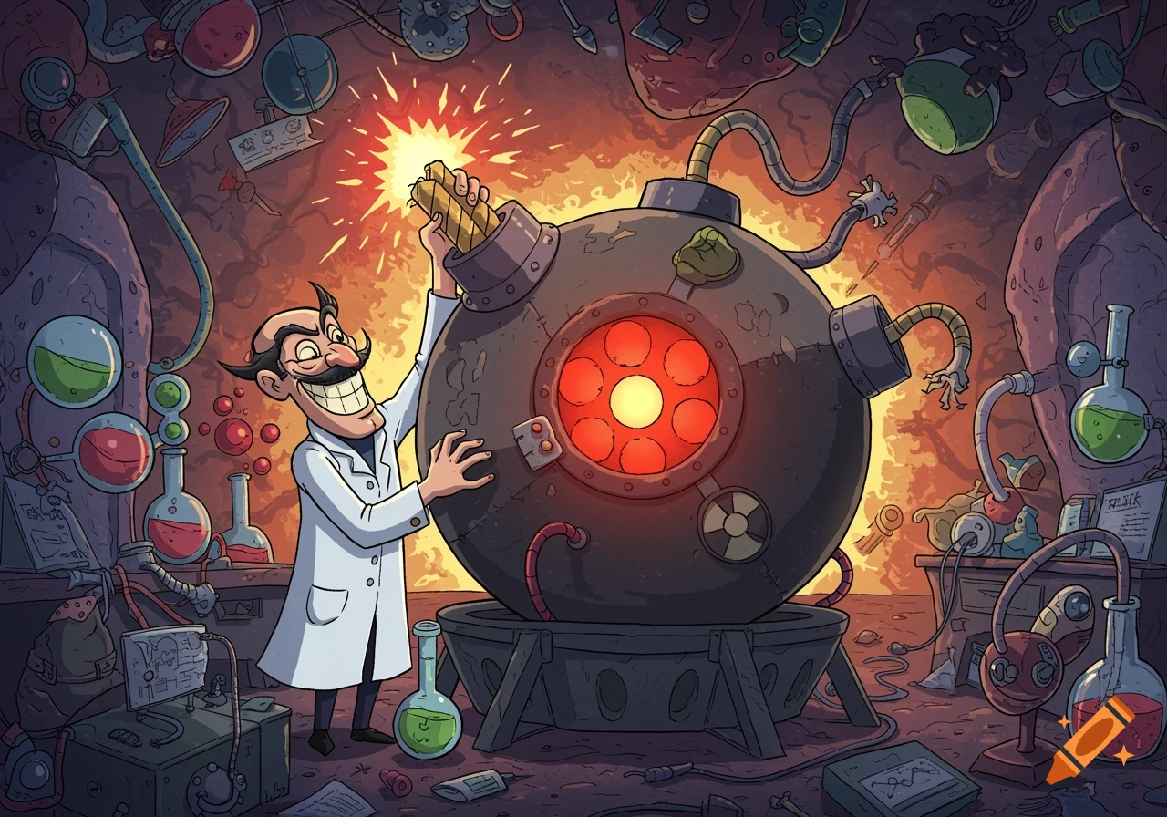 A cartoon villain works on a large atomic bomb in a messy laboratory.