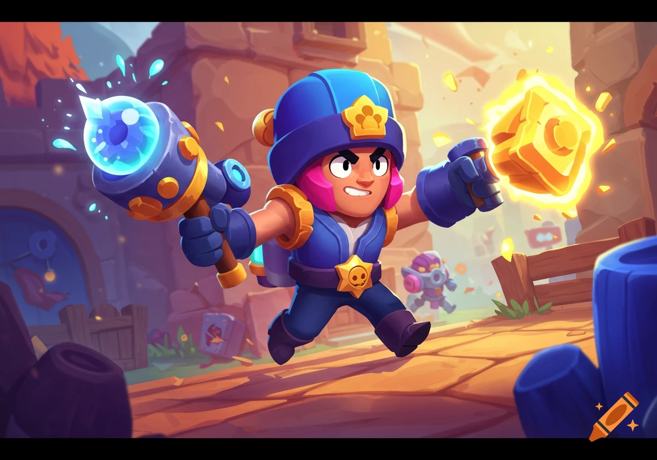 Cartoon character runs in a game environment with a hammer and glowing cube, in a Brawl Stars style.