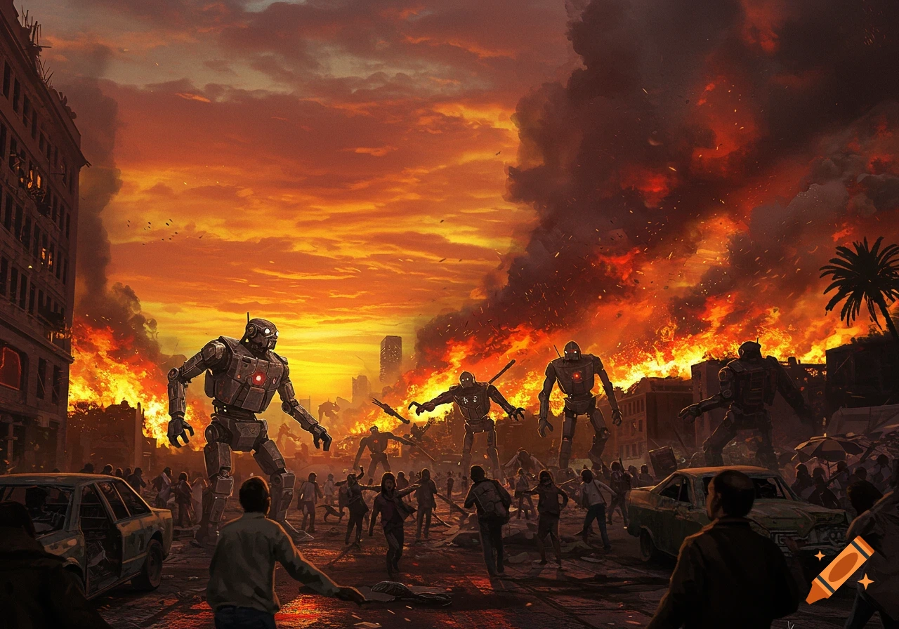 Giant robots attack people in a burning city under a fiery orange sky