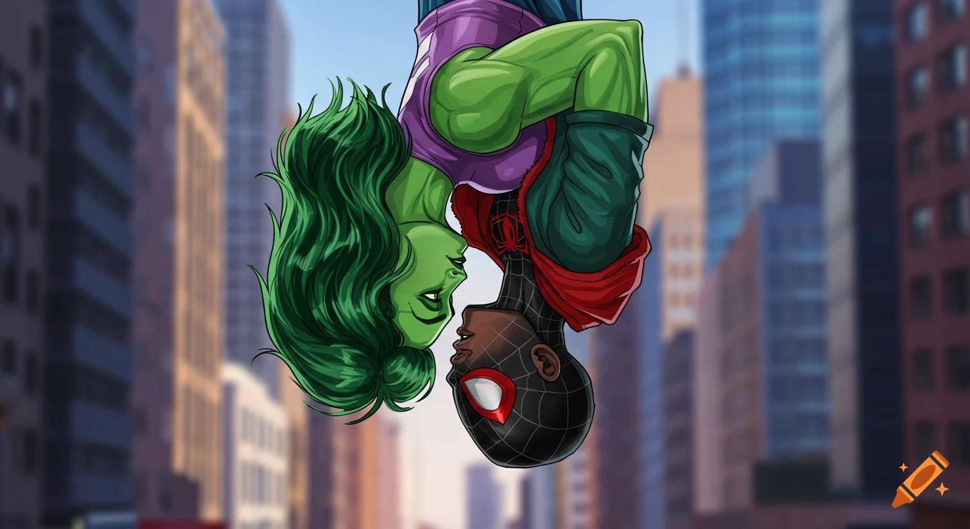 She-Hulk and Miles Morales hang upside down in a city, looking at each other, in an animation style.