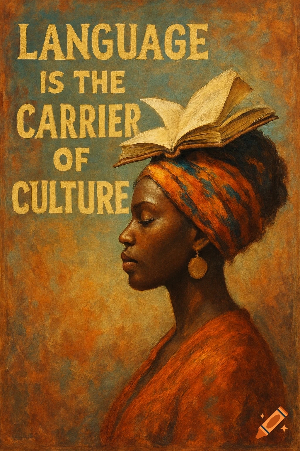 Painting of a woman with a book on her head and text 'Language is the Carrier of Culture'.
