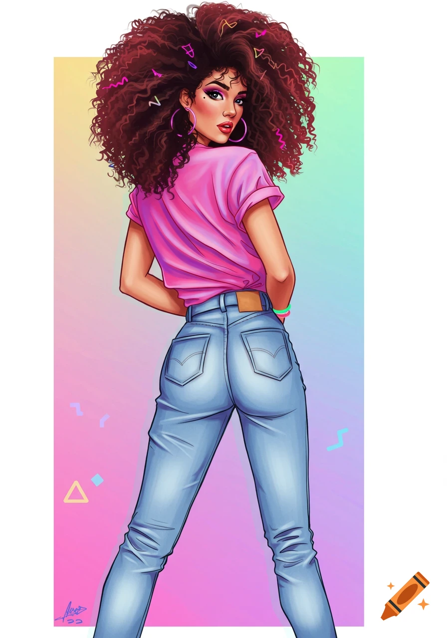 Illustration of a woman with big curly hair, pink t-shirt, and high-waisted jeans in an 80s style.