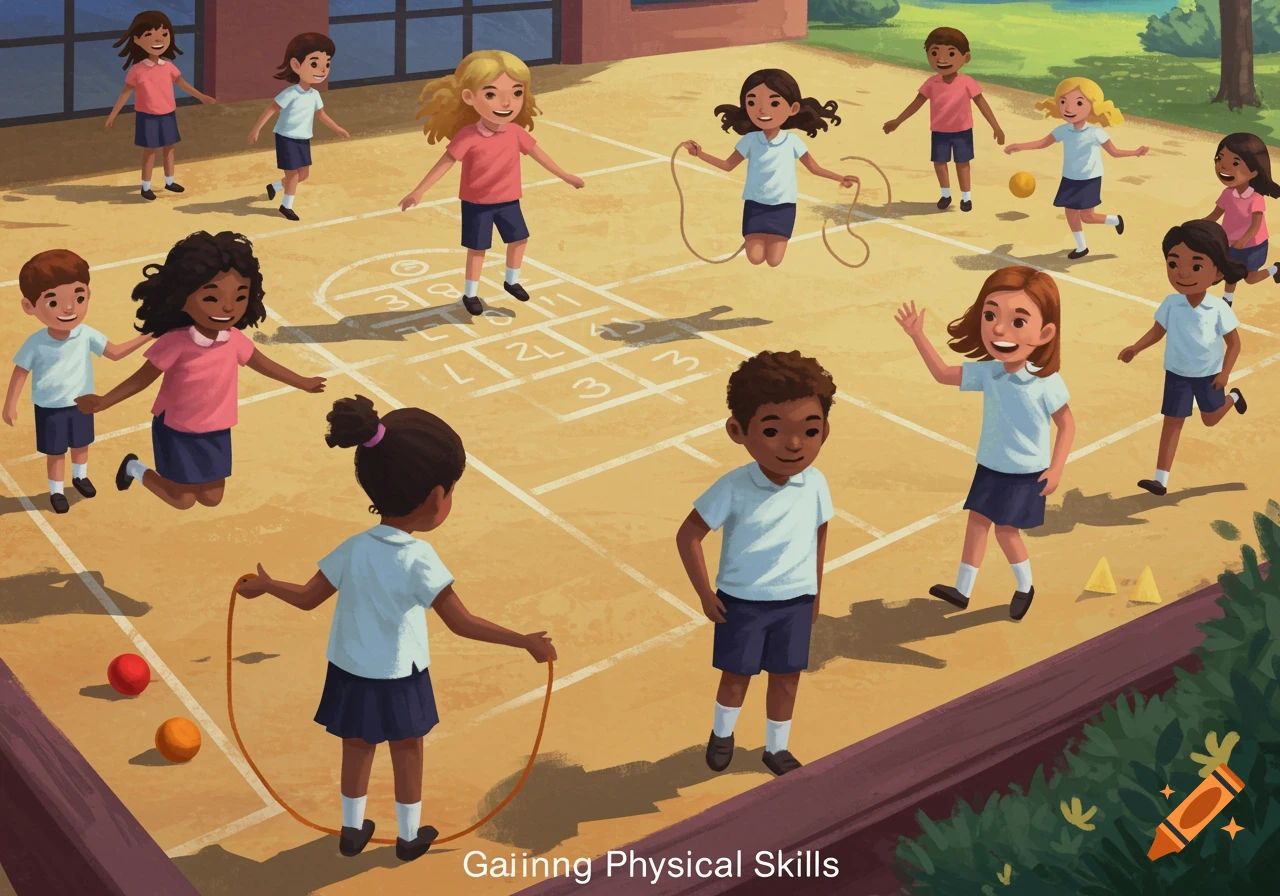 A group of diverse children play hopscotch and jump rope on a school playground, illustration style.