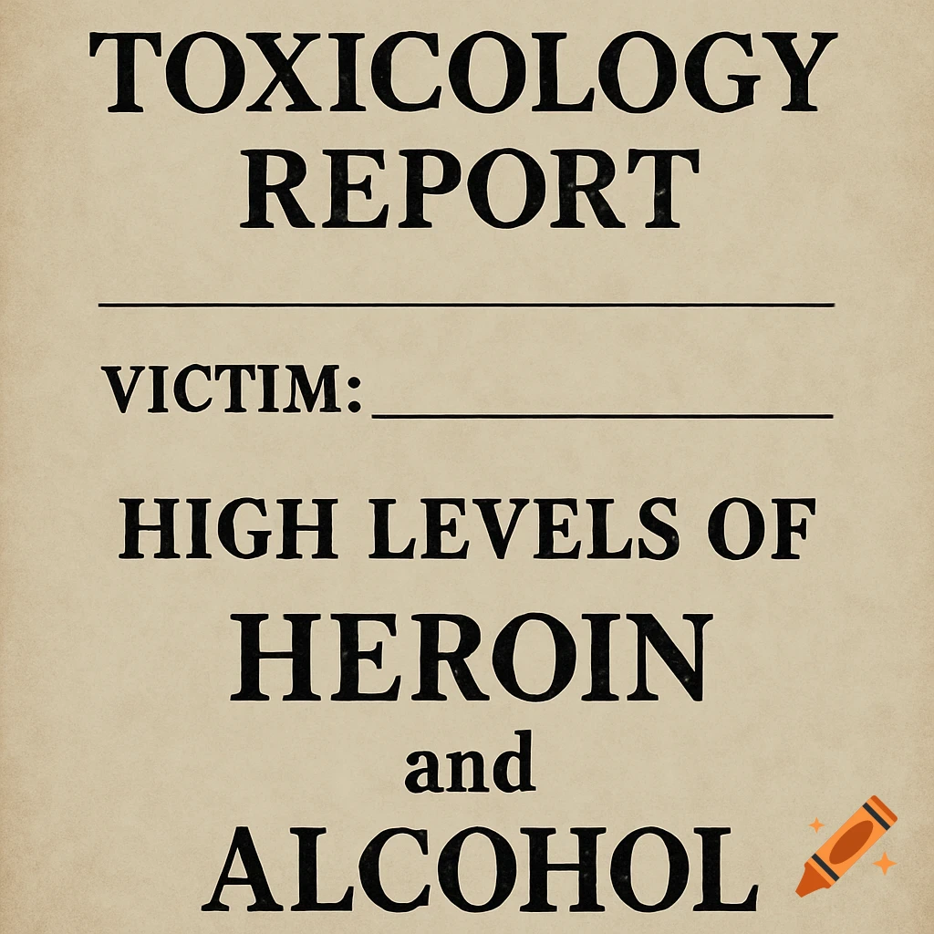 A toxicology report document stating high levels of heroin and alcohol in a victim.
