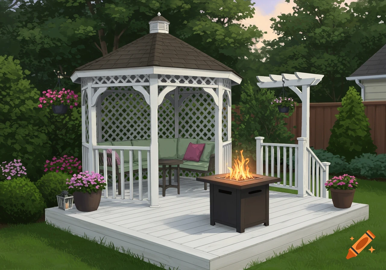 Illustrated backyard scene with a white gazebo on a deck, surrounded by flowers and trees. A fire pit is on the deck.