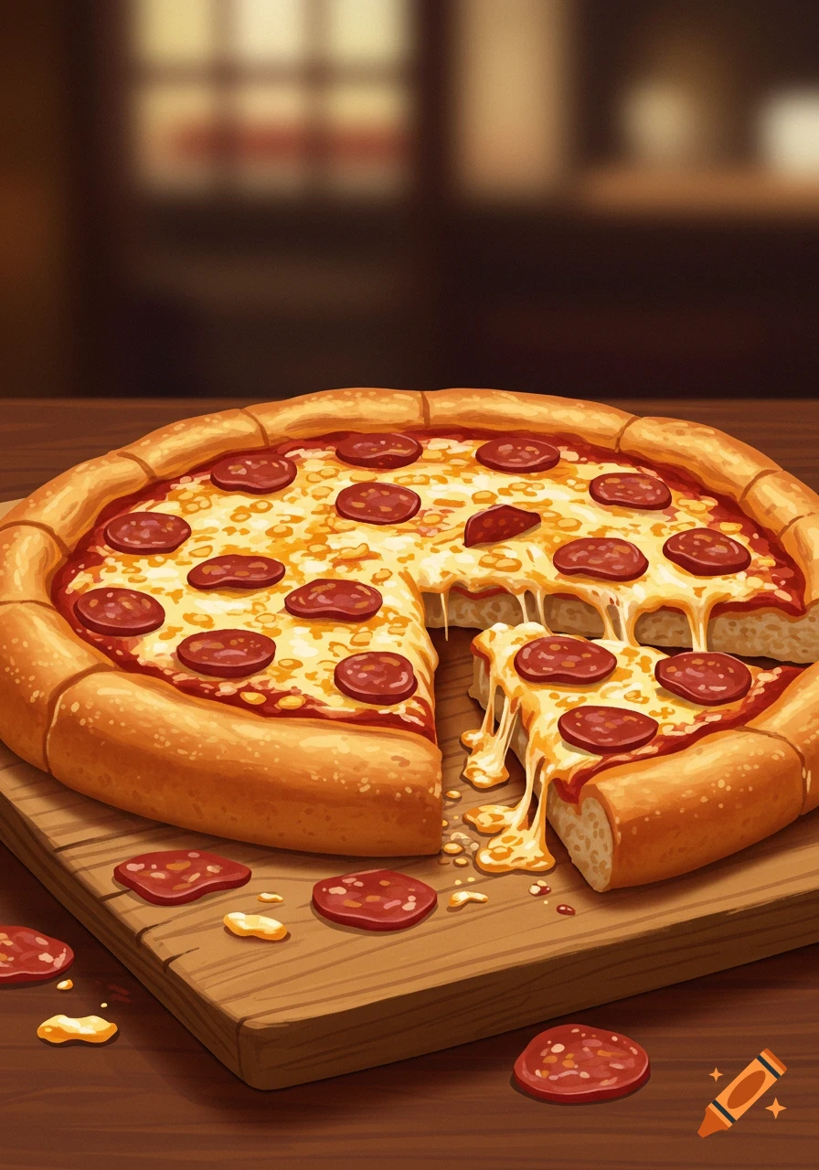 Stylized illustration of a pepperoni pizza with cheese pull on a wooden board.