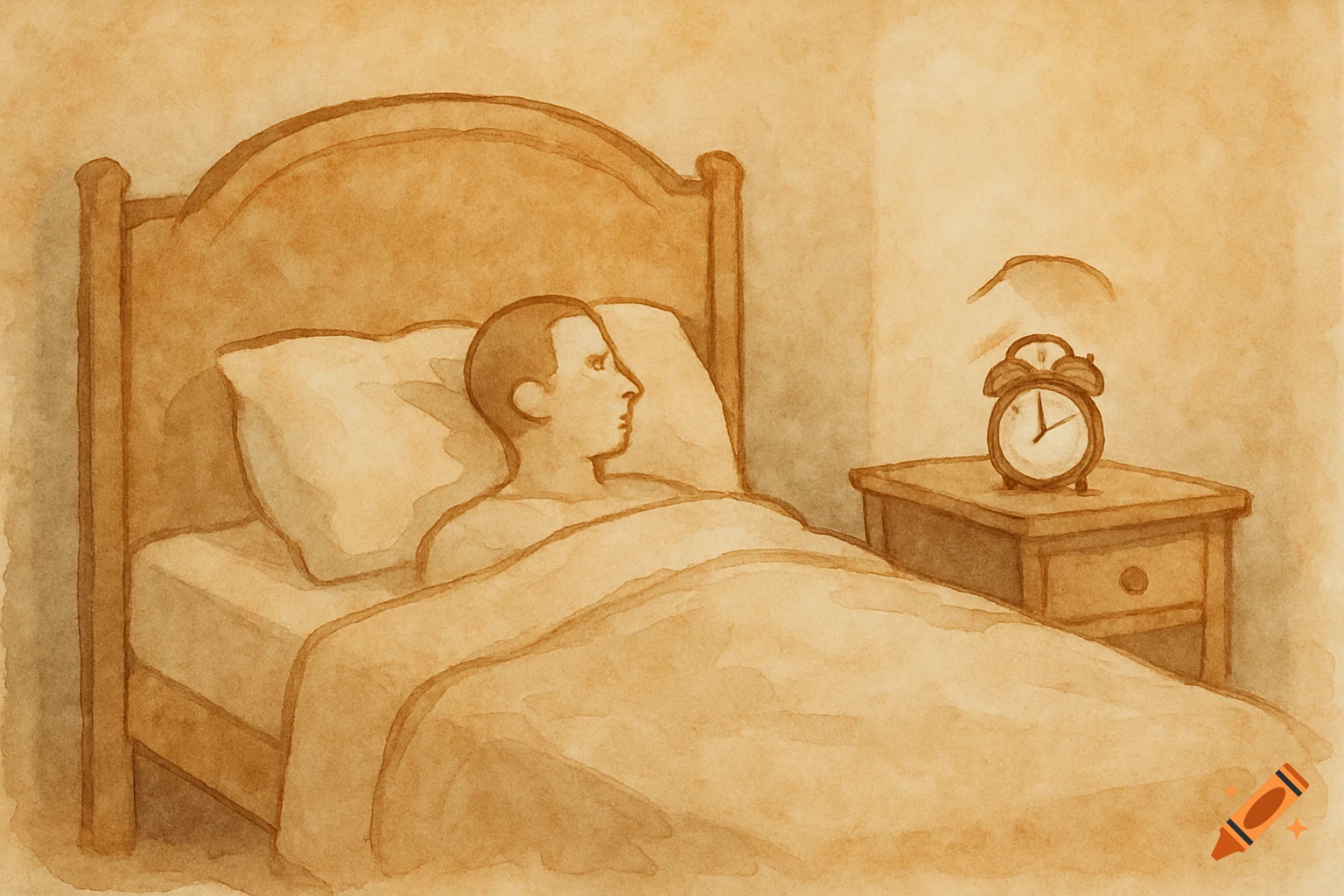Watercolor illustration of a person lying in bed next to a nightstand with an alarm clock.